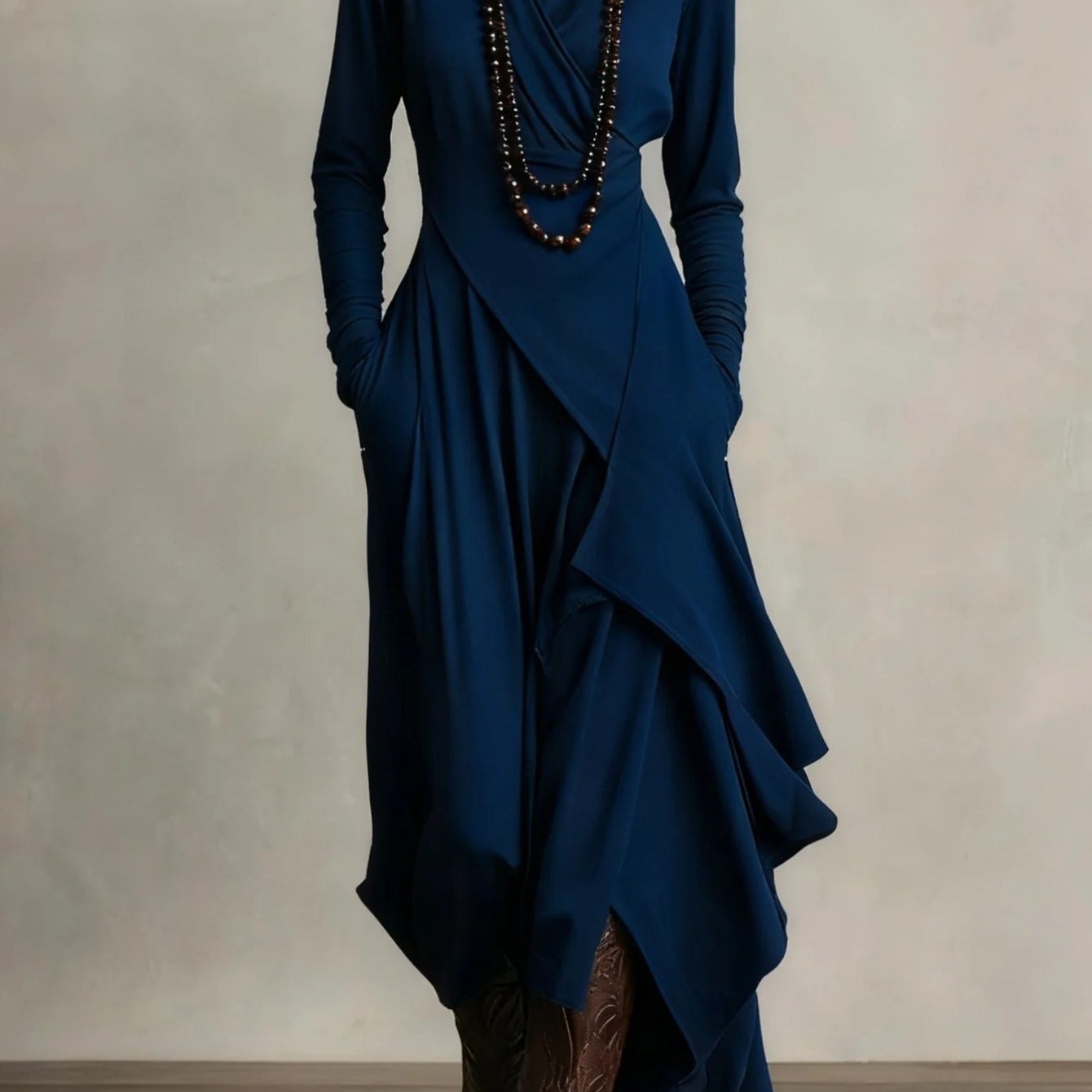 Plus Size - HERTALK Women'S Solid Color Long-Sleeved Cross High-Neck Dress Long Dress