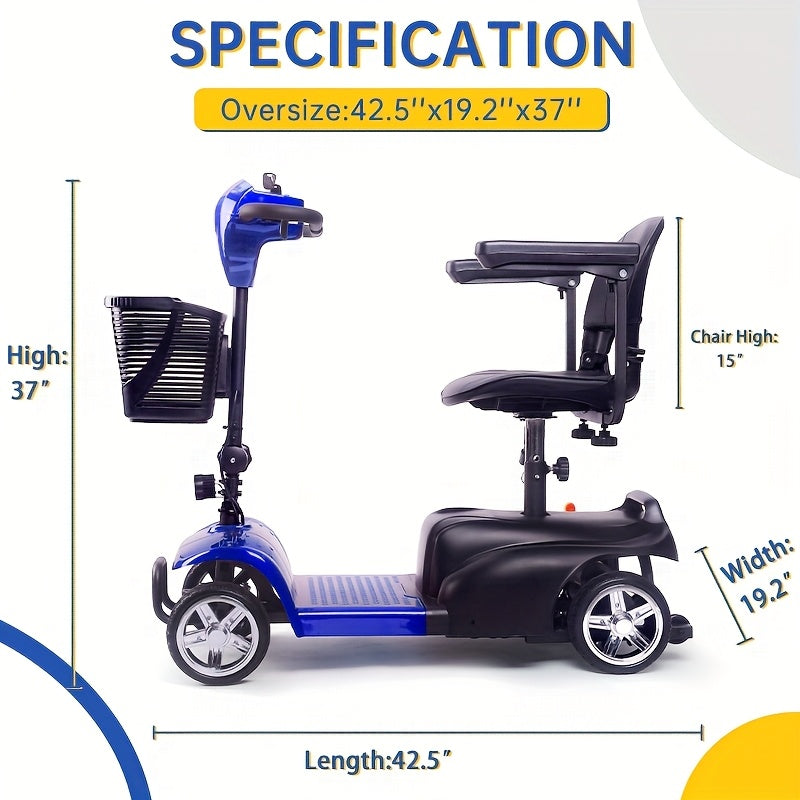 Adult And Mobility Scooter: 250W Four-wheel Foldable Scooter with A Speed Of 6 Mph, 24V 13Ah A Range Of 15 Miles, A 360° Swivel Seat, A Removable Shopping Basket And LED Headlights.
