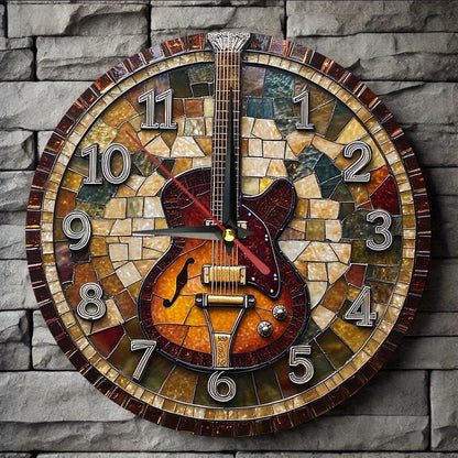 1pc Rustic Farmhouse Style Wooden Round Wall Clock, Guitar Theme, Silent Movement, Easy-to-Read, AA Battery Operated (Not Included), 9.8x9.8 inches for Home, Kitchen, Bedroom, Office Decor