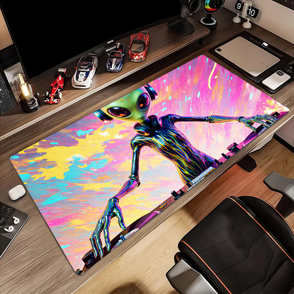 1pc Large Alien DJ Gaming Desk Mat & Mouse Pad - Neon Glow Green/Blue/Pink/Black/Purple, Non-Slip Surface, DJ Turntable Design Computer Accessory for PC/Laptop, Ideal Gift for Gamers & Music Producers