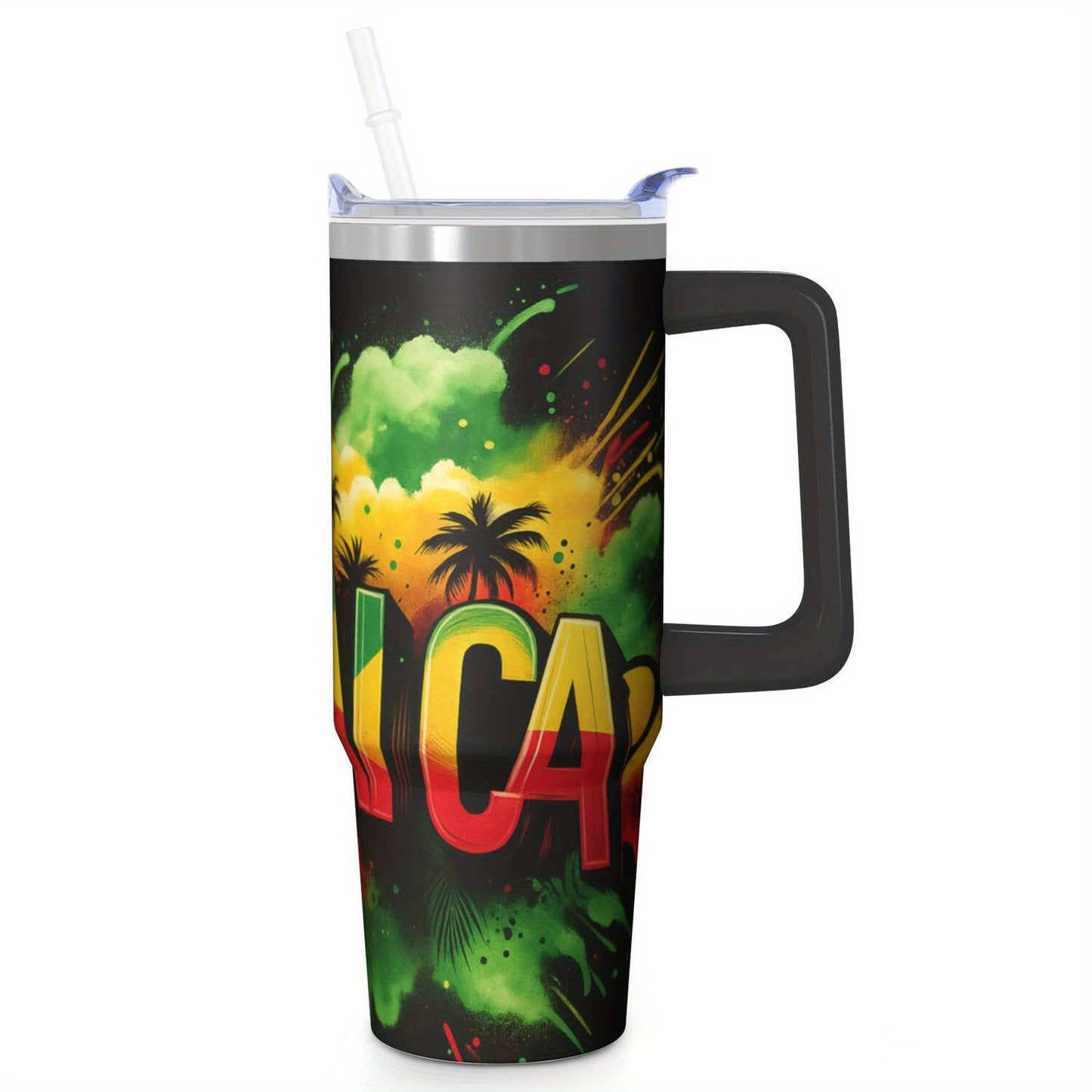 30oz Large Capacity Tumbler with Handle - Double-Wall Insulated Cup, Leakproof Lid & Built-in Straw, BPA-Free Stainless Steel Travel Mug, Keeps Drinks Hot/Cold for Hours, Tropical Jamaica Design in Green/Red/Black/ - Perfect