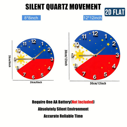 1pc Philippine Flag Wall Clock with Sun, Stars & Philippine Map - Blue face, White Hands, Red & Blue Trim - Modern Filipino Home Decor for Living Room, Bedroom, Office - Ideal Gift for Filipino Families - Battery Not Included