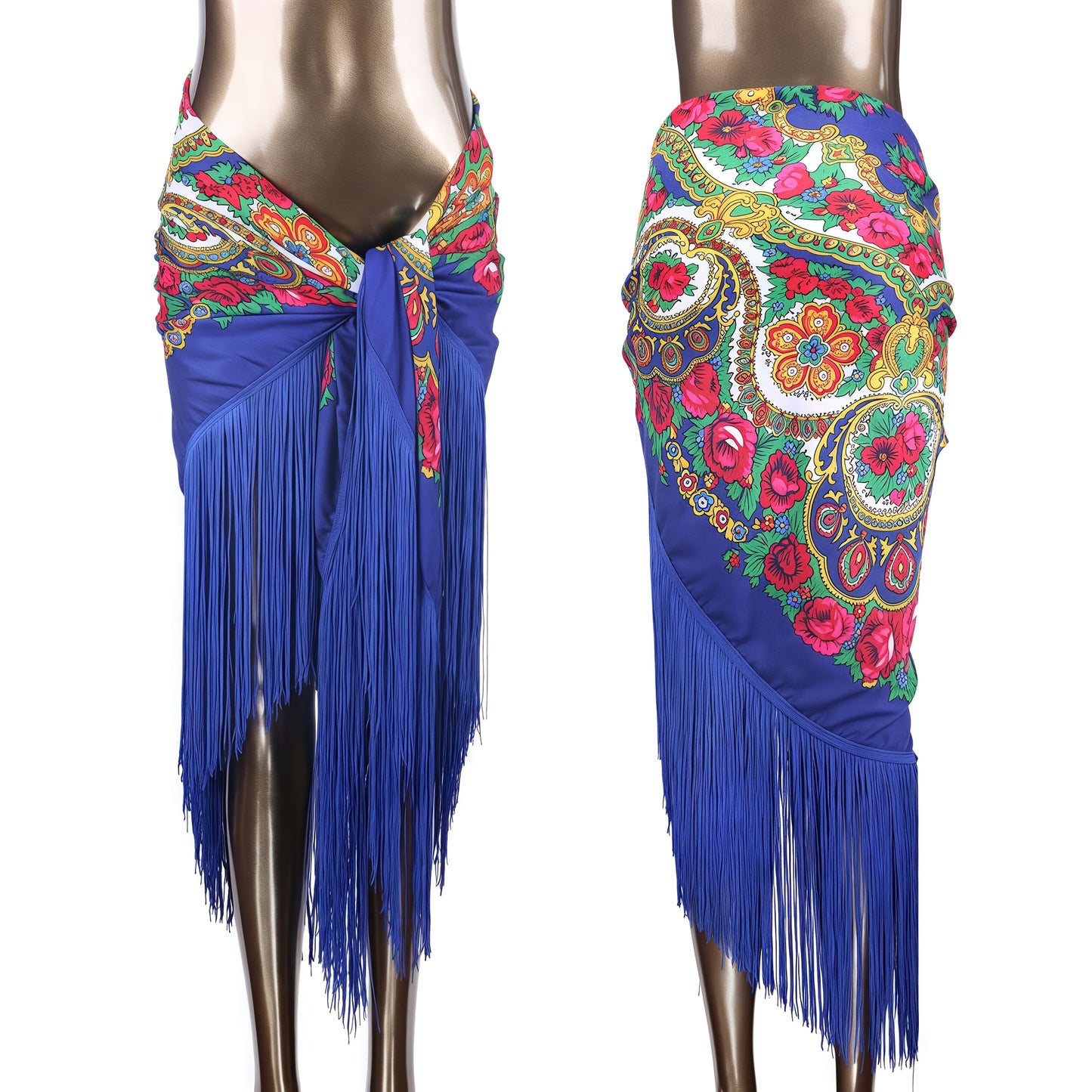 Women'S Luxury Boho Floral Fringe Hip Scarf - Elegant Belly Dance Wrap Skirt & Shawl with Tassel Hem, Vibrant Red Color Options, Multicolor Printed Bohemian Style for Beach, Festival, Party, Travel - Versatile Sarong Cover Up
