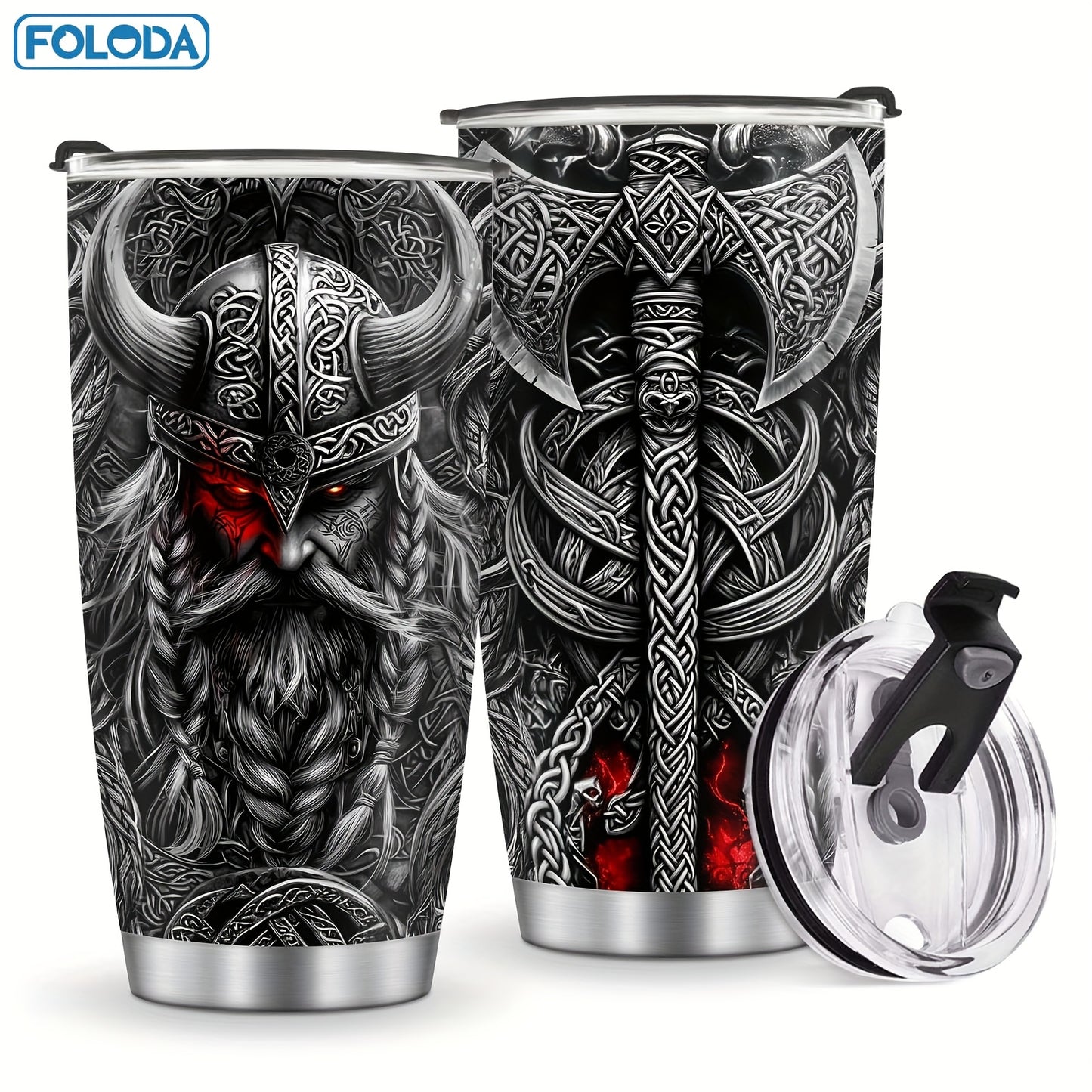 Foloda 20oz Viking Stainless Steel Tumbler with Leak-Proof Lid & Straw, BPA-Free Insulated Travel Mug, Oval Ergonomic Grip, Norse Warrior Design for Hot/Cold Drinks - Durable Outdoor Drinkware, Bpafree Material