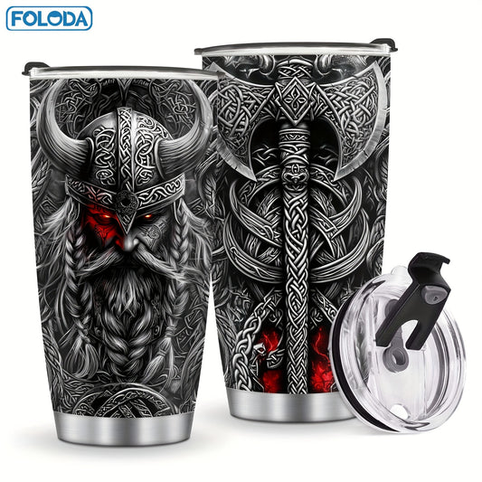 Foloda 20oz Viking Stainless Steel Tumbler with Leak-Proof Lid & Straw, BPA-Free Insulated Travel Mug, Oval Ergonomic Grip, Norse Warrior Design for Hot/Cold Drinks - Durable Outdoor Drinkware, Bpafree Material