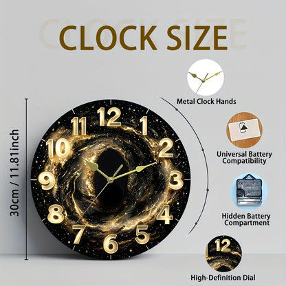 Glass Deep Sparkling Golden Vast Universe Wall Clock, Dark Tempered Glass Face with Film Coating for Living Room, Bedroom, Kitchen & Office Decor - Unique Aesthetic Home Artwork, Ideal Birthday Gift and Modern Housewarming Pr