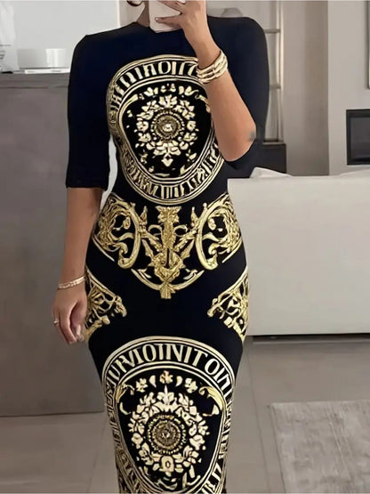 Plus Size - Plus Size, Women'S Elegant Black & Golden Baroque Totem Print Dress - Slim Fit Tall Length, Stretchy Light Beige-Friendly Fabric, Round Neck Short Sleeve, Luxury for party Dating & Everyday Outfit, All-Season Vers