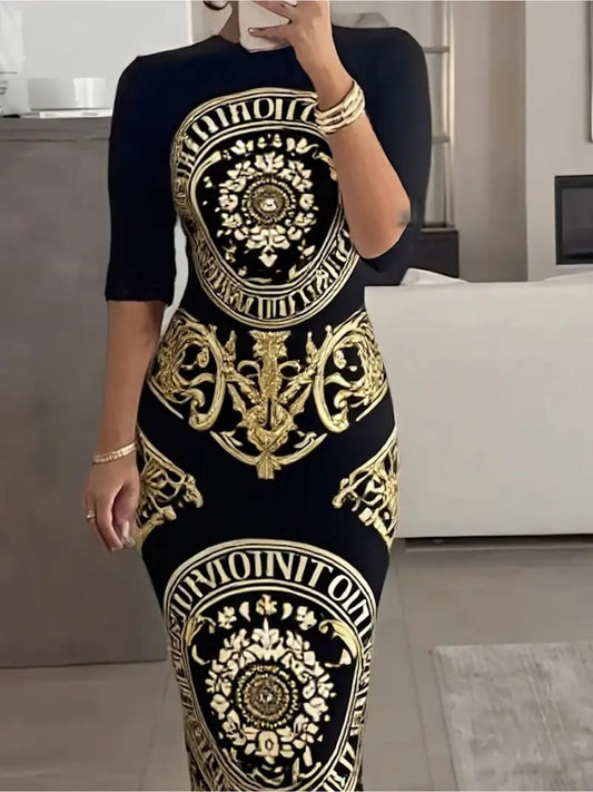 Plus Size - Plus Size, Women'S Elegant Black & Golden Baroque Totem Print Dress - Slim Fit Tall Length, Stretchy Light Beige-Friendly Fabric, Round Neck Short Sleeve, Luxury for party Dating & Everyday Outfit, All-Season Vers