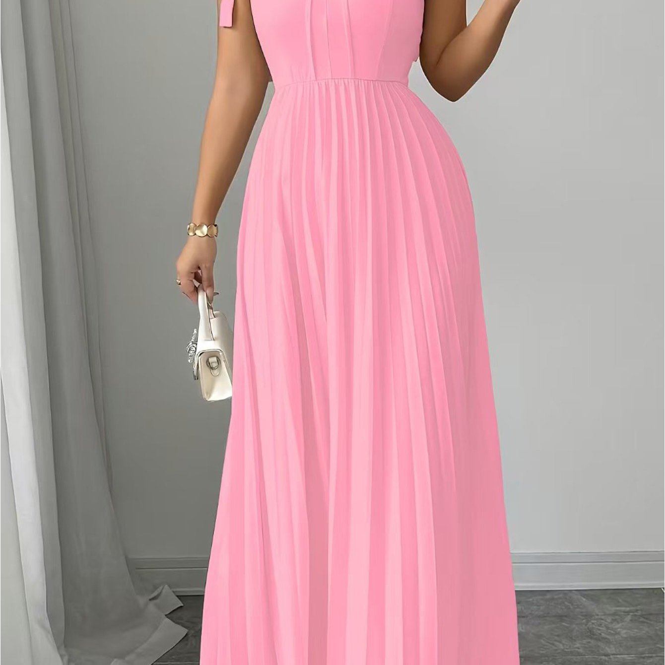 Plus Size - Plus-Size Women'S Elegant Halter Neck A-Line Dress with Bow Accent & Pleated Skirt - Vibrant Pink Floor-Length Formal Party Wedding Guest Dress, Round Neck Long Sleeve Spring/Autumn Evening Gown, Structured Fit fo