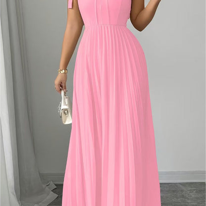 Plus Size - Plus-Size Women'S Elegant Halter Neck A-Line Dress with Bow Accent & Pleated Skirt - Vibrant Pink Floor-Length Formal Party Wedding Guest Dress, Round Neck Long Sleeve Spring/Autumn Evening Gown, Structured Fit fo