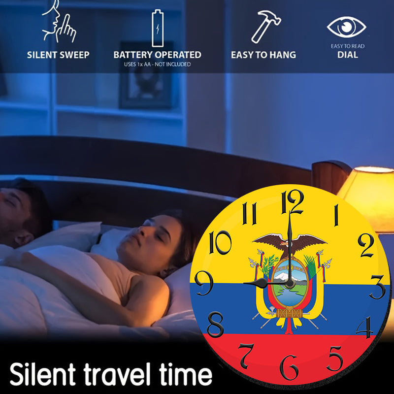 1pc Rustic Farmhouse Ecuador Flag Wooden Wall Clock, Silent Quartz Movement, Round Shape, AA Battery Operated (Not Included), Decorative Inspirational Timepiece for Kitchen, Bedroom, Living Room, Bathroom, Office - 2D Flat De