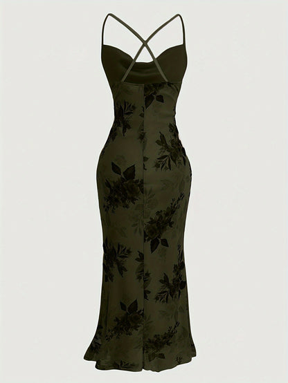 Vintage Elegant Cocktail Party Spaghetti Strap Printed Mesh Midi Dress for Women