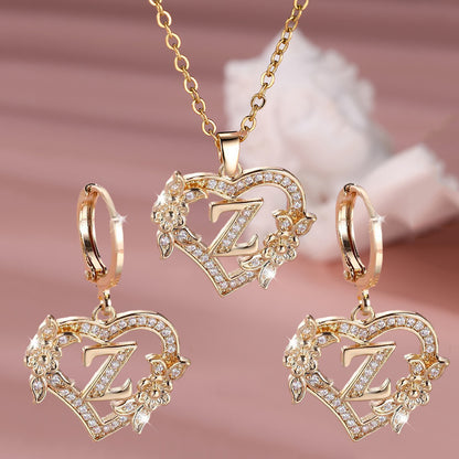 3pcs Women's Initial Jewelry Set - Heart-Shaped Interlocking Link Necklace & Earrings with 26-Letter Monogram, Elegant Golden-Tone -Accented Letters, Dainty Everyday Gift for Mother's Day, Graduation, Birthdays (Pink & Clear