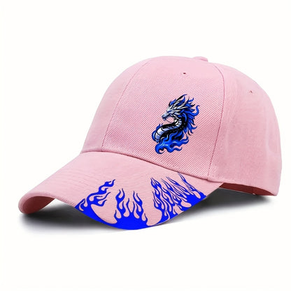 1pc Black Baseball Cap with Blue Flame Dragon Print - Adjustable Street Style Outdoor Sports Hat for Men, Curved Brim Design, Casual Streetwear Accessory | Flame Motif Cap | Adjustable Baseball Cap