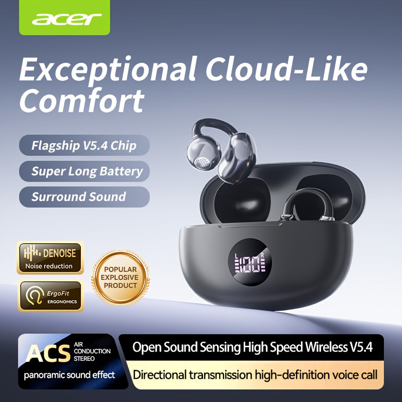 Acer 2025 new model back-to-school season TWS Wireless Headset Heavy Bass Stereo + Talking Noise Cancellation Ultra Long Lasting Sports Running hanging ear Low Latency Gaming Mode HIFI Audio Lightweight Touch Design Stylish D