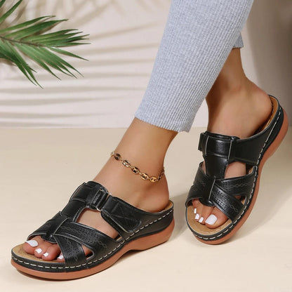 Women's Solid Color Platform Sandals, Slip On Cross Straps Casual Wedge Retro Shoes, Summer Versatile & Comfy Shoes