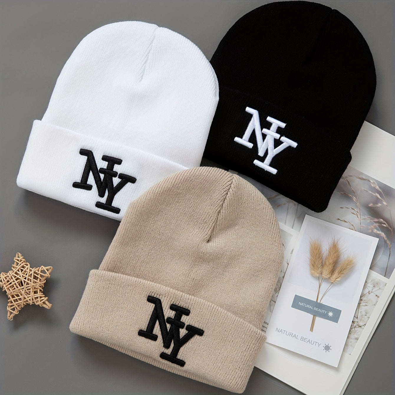 Unisex Winter Beanie Hats - 3-Pack Solid Color - Knitted Warm Outdoor Caps with Embroidered NY Logo - Hand Washable - Black