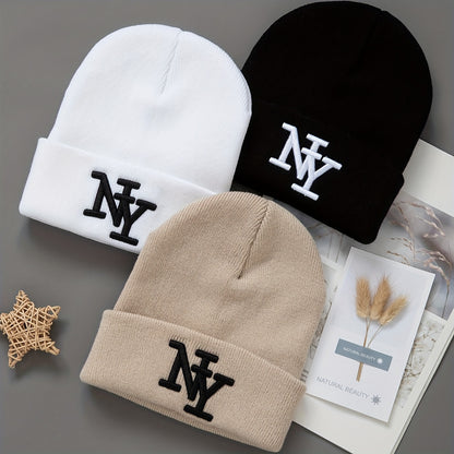 Unisex Winter Beanie Hats - 3-Pack Solid Color - Knitted Warm Outdoor Caps with Embroidered NY Logo - Hand Washable - Black