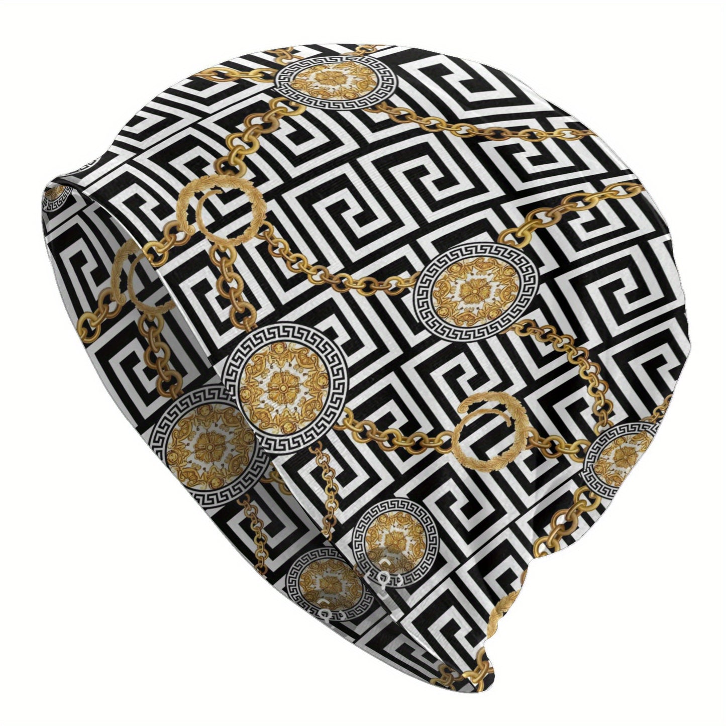 1pc Designer Beanie Hat for Men - Retro Geometric Pattern Skull Cap with Golden Accents, Soft Stretchy Elastic Band, Trendy Casual Winter Hat, Perfect Gift for Him, Comfortable Headwear, Cold Weather Accessory, Fashionable He