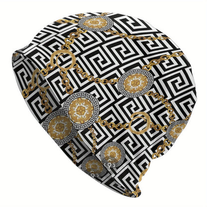 1pc Designer Beanie Hat for Men - Retro Geometric Pattern Skull Cap with Golden Accents, Soft Stretchy Elastic Band, Trendy Casual Winter Hat, Perfect Gift for Him, Comfortable Headwear, Cold Weather Accessory, Fashionable He