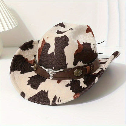 1pc Black Retro Print Wide-Brimmed Cowboy Hat with Anti-Compression Strap & Bull Horns Charm - Durable Non- Material for Outdoor, Camping, BBQ, Street Fashion - Spring/Autumn Western Style