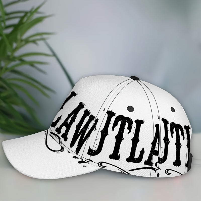 1pc 2D Outlaw Script Print Baseball Cap - Full-Body Vibrant Polyester Hat, Adjustable Snapback for Running, Sports & Casual Streetwear., Outdoor Headwear, Trendy Streetwear, Breathable Fabric, Durable Hat, Fashion Hat, Street