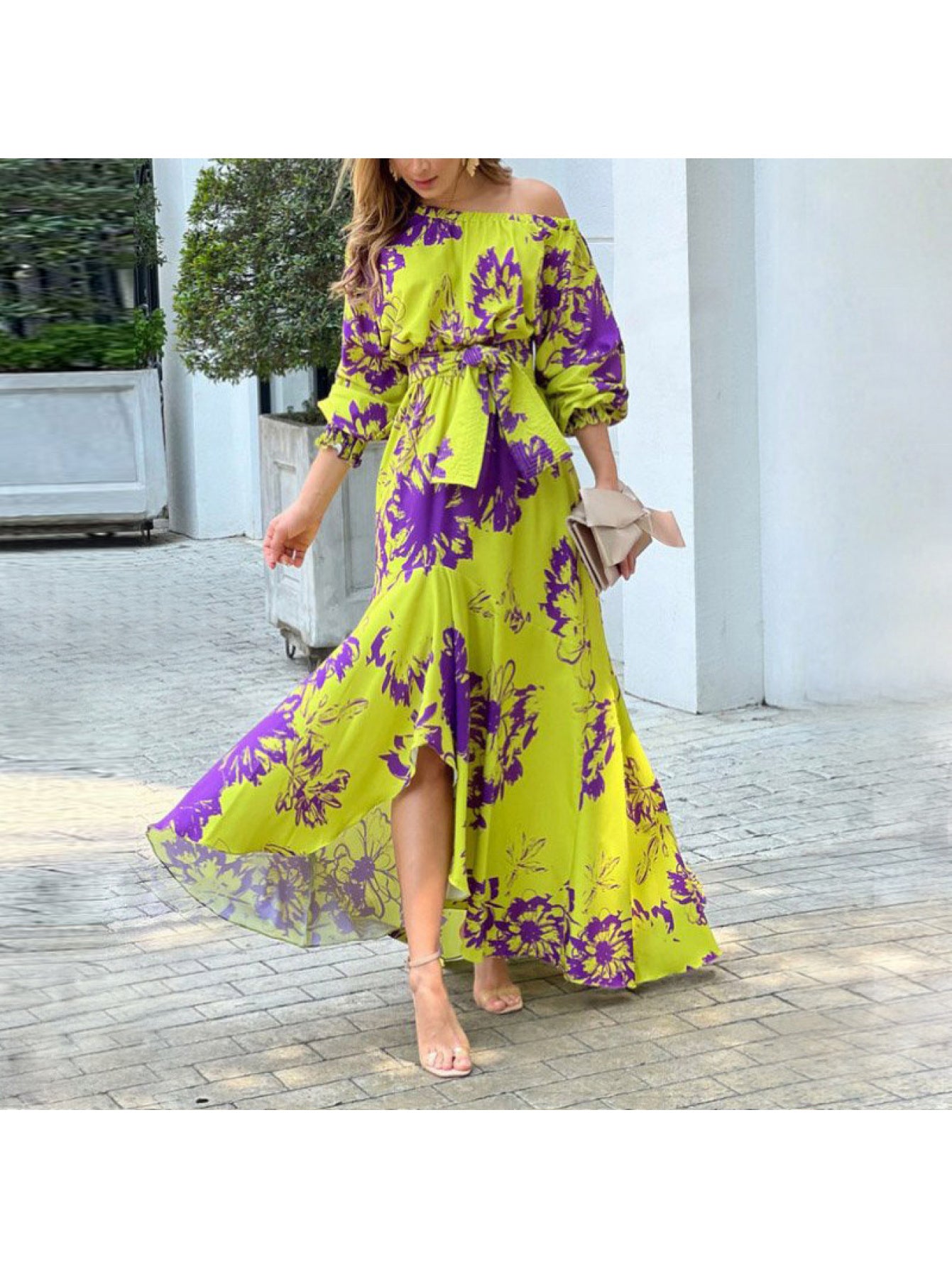 2026 Spring New Temperament Elegant Print Long Sleeve Slanted Collar Loose Dress Spring Spring Wear Spring Fashion Women's Spring and Summer Dresses Spring and Summer Dresses Women's Dresses Suitable for Bridesmaids Prom Outf