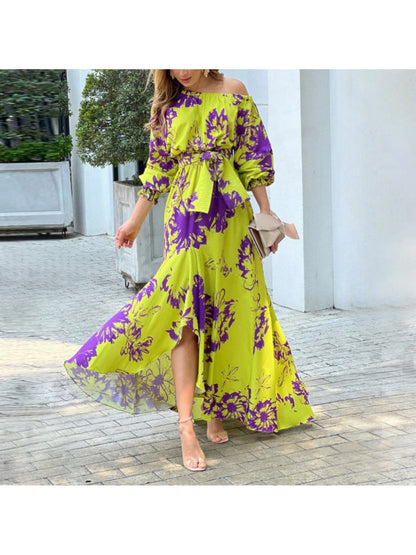 2026 Spring New Temperament Elegant Print Long Sleeve Slanted Collar Loose Dress Spring Spring Wear Spring Fashion Women's Spring and Summer Dresses Spring and Summer Dresses Women's Dresses Suitable for Bridesmaids Prom Outf