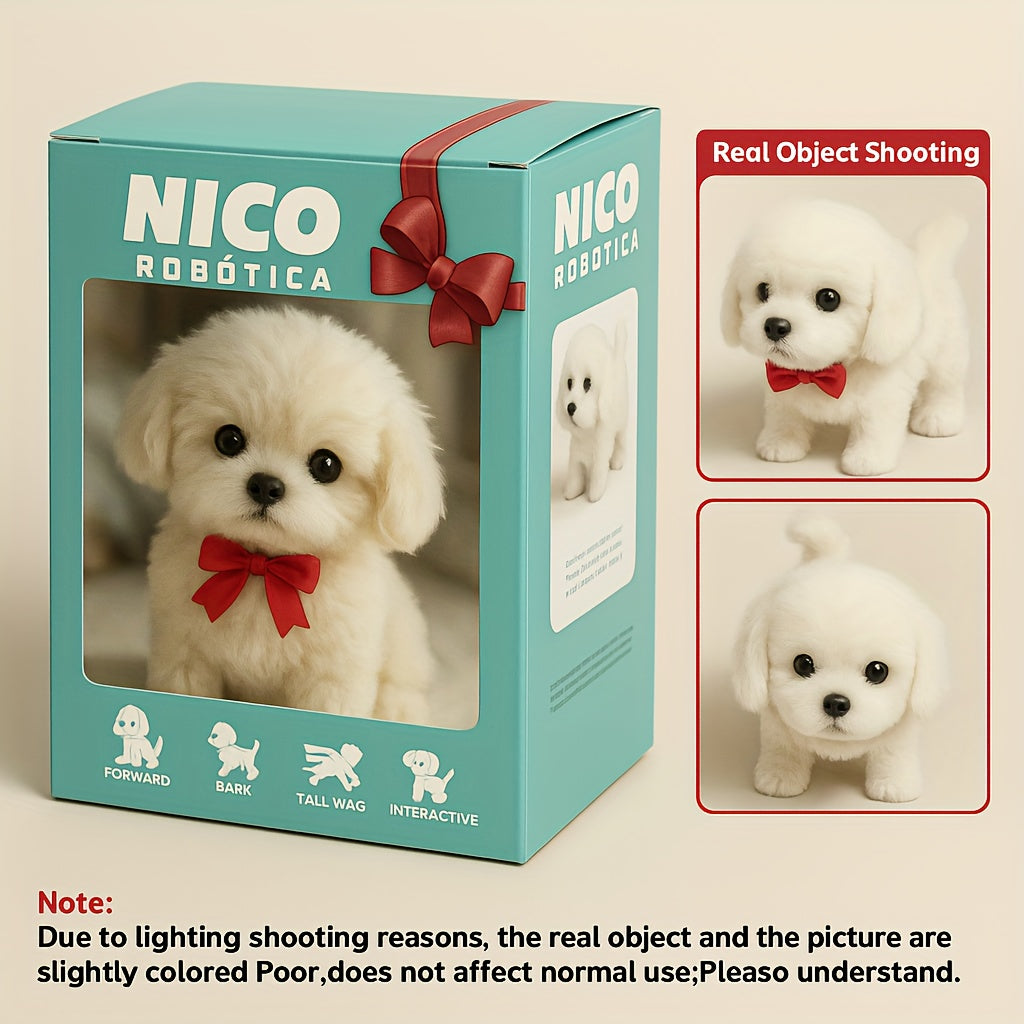 Interactive Electronic White Labrador Puppy Plush Toy - Realistic Walking, Barking & Wagging Tail Robot Dog with Expressive Eyes, Soft Non-Toxic Body & Red Polka Dot Bow Tie - Compatible with LAURA, CAMINA, CORE Commands & MI