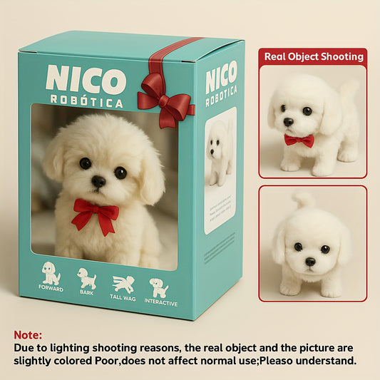 Interactive Electronic White Labrador Puppy Plush Toy - Realistic Walking, Barking & Wagging Tail Robot Dog with Expressive Eyes, Soft Non-Toxic Body & Red Polka Dot Bow Tie - Compatible with LAURA, CAMINA, CORE Commands & MI