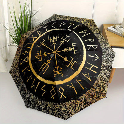 Viking Vegvisir Compass Umbrella - Cartoon Design, Portable Folding with Durable Iron Frame & 8 Ribs, All-Season Use for Home, Travel, Outdoor - Black with Golden Accents, Travel Umbrella, Outdoor Protection, Cartoon Umbrella
