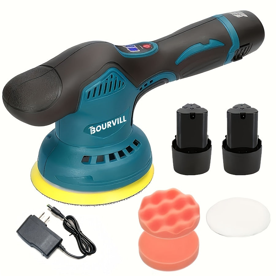 BOURVILL Cordless Car Polisher, Car Polishing Kit, with Battery, 8 Gears, Up to 5000 RPM, 5-inch Grinding Screen Button, for Car Detailing/scratch Removal