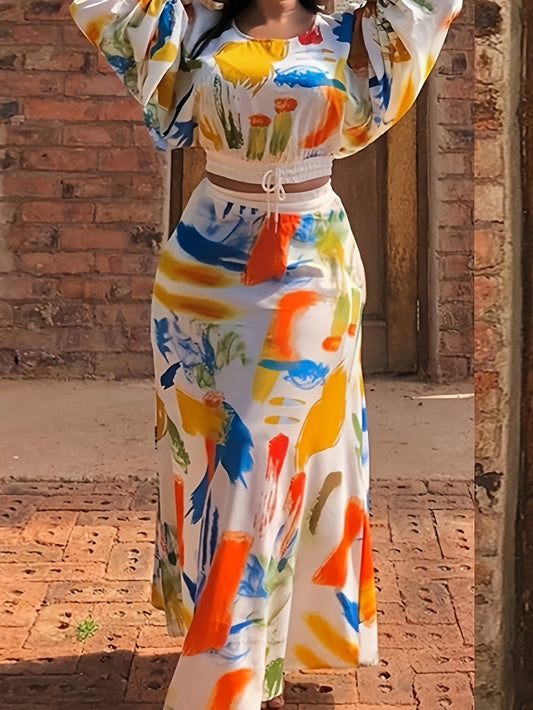 [Floral Shirt & Skirt] A Lady'S Floral Print Vacation-Style Round Neck Three-Quarter Sleeve Shirt Paired with a Skirt.