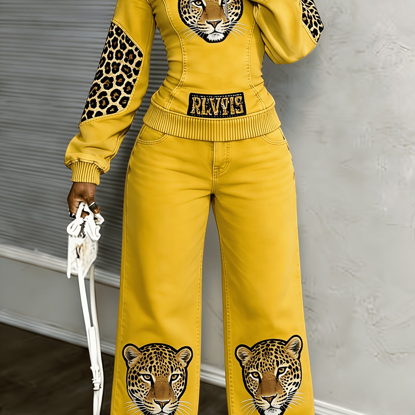 [Printed Pants - Not Denim Fabric] [Non-denim] Women's Flat Print Trendy Casual Long-Sleeved Hooded Drawstring Sport Top + High-Waisted Sport Pants]