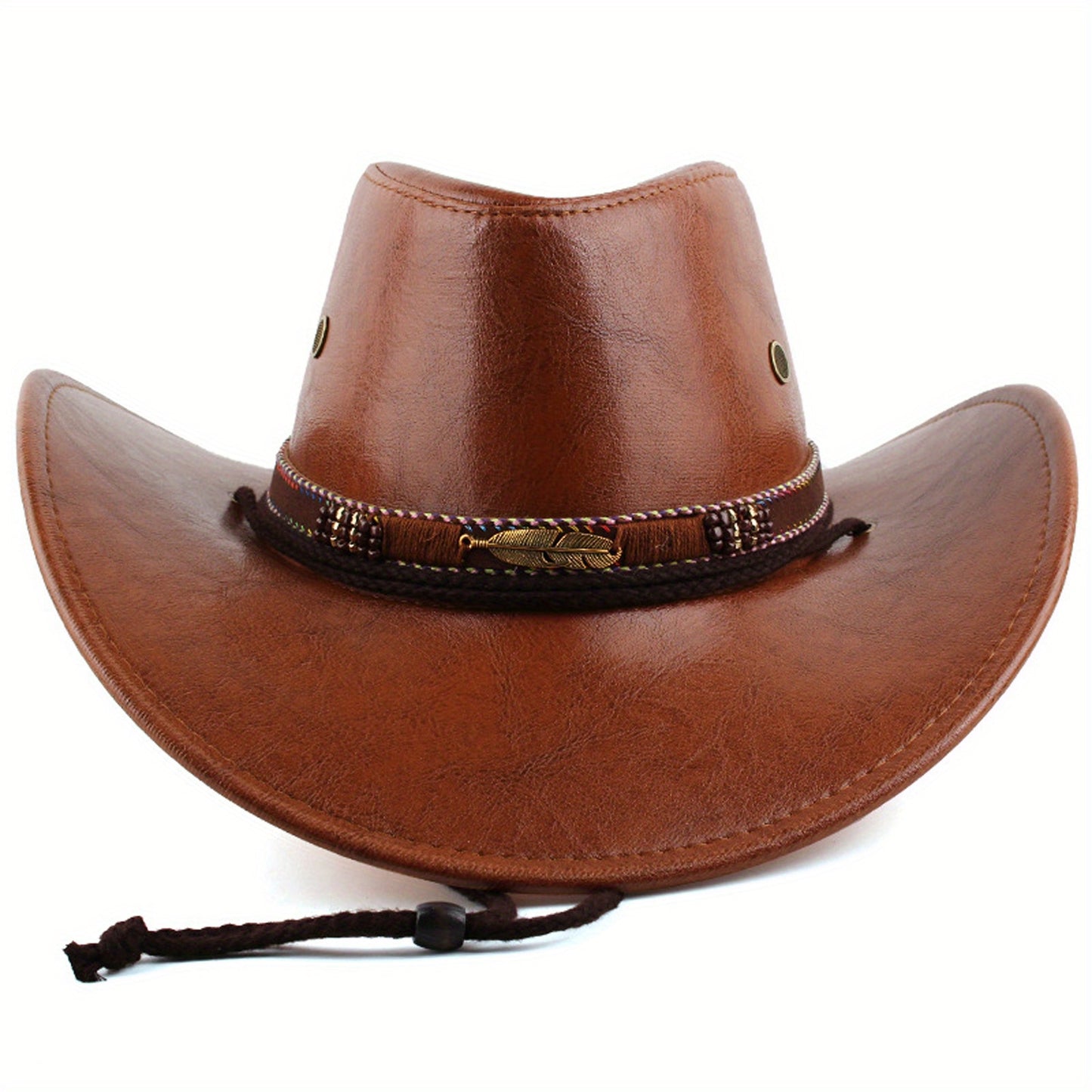 Women Men Western Hat Faux Leather Wide Brim Cowgirl Cap Sun Protection Hat for Outdoor Party