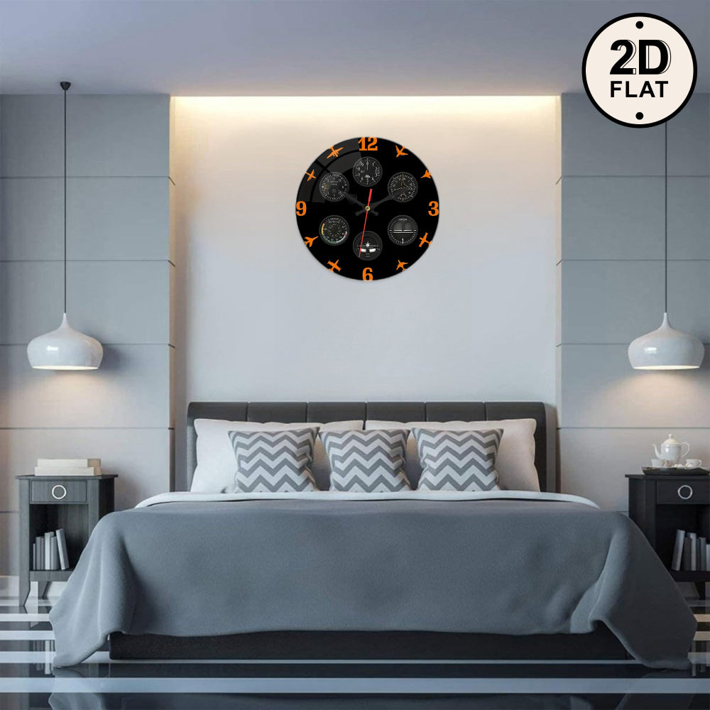 1pc Aviation Instrument Panel Wall Clock - Pilot Dashboard Design with Black Background, Orange Needle - Silent Non-Ticking Quartz Movement - for Living Room, Office, Aviation Decor - Compatible with AA Batteries (Not Include