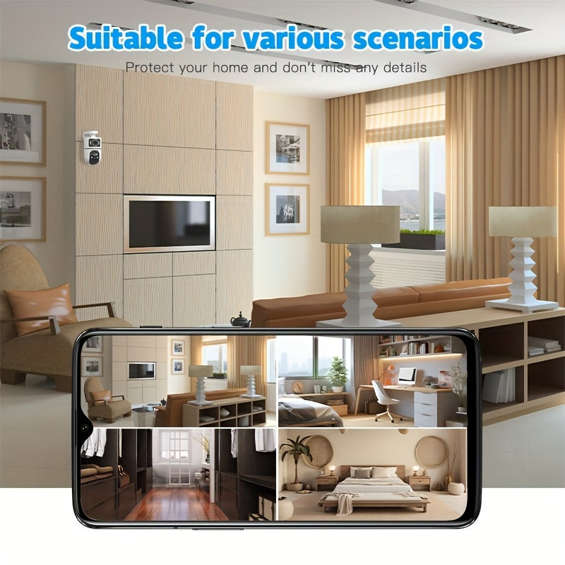 2.4G&5GHz WiFi 2K Dual Lens Wireless Monitoring Camera, Dual Lens Dual Screen, AI Motion Detection, Two-way Voice, 3 Night Vision Modes Suitable For Home Security Cameras, Christmas And Halloween Decorations, Thanksgiving Gif