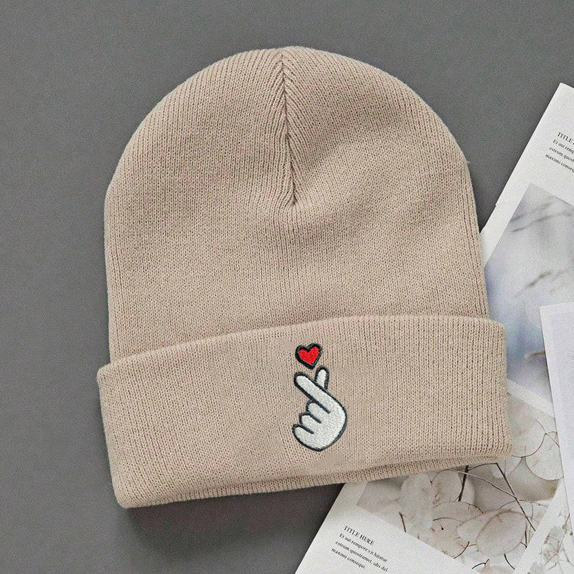 3-Pack White/Grey/Black Beanie Hats with Heart & Thumbs Up Hands Logo - Lightweight Stretch Winter Caps for Men & Women, Unisex Foldable Warm Beanies for Skiing, Outdoor Activities, Parties (Easy-Care, One Size Fits All)