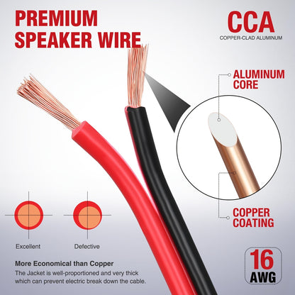 100Ft 16Awg Copper Clad Aluminum Wire | 16/2 Gauge Red Black Cca Electrical Cable, 2 Conductor Parallel, 12V/24V Dc Flexible Extension Cords For Car Audio Radio Speaker Amplifier | Brand: Nilight