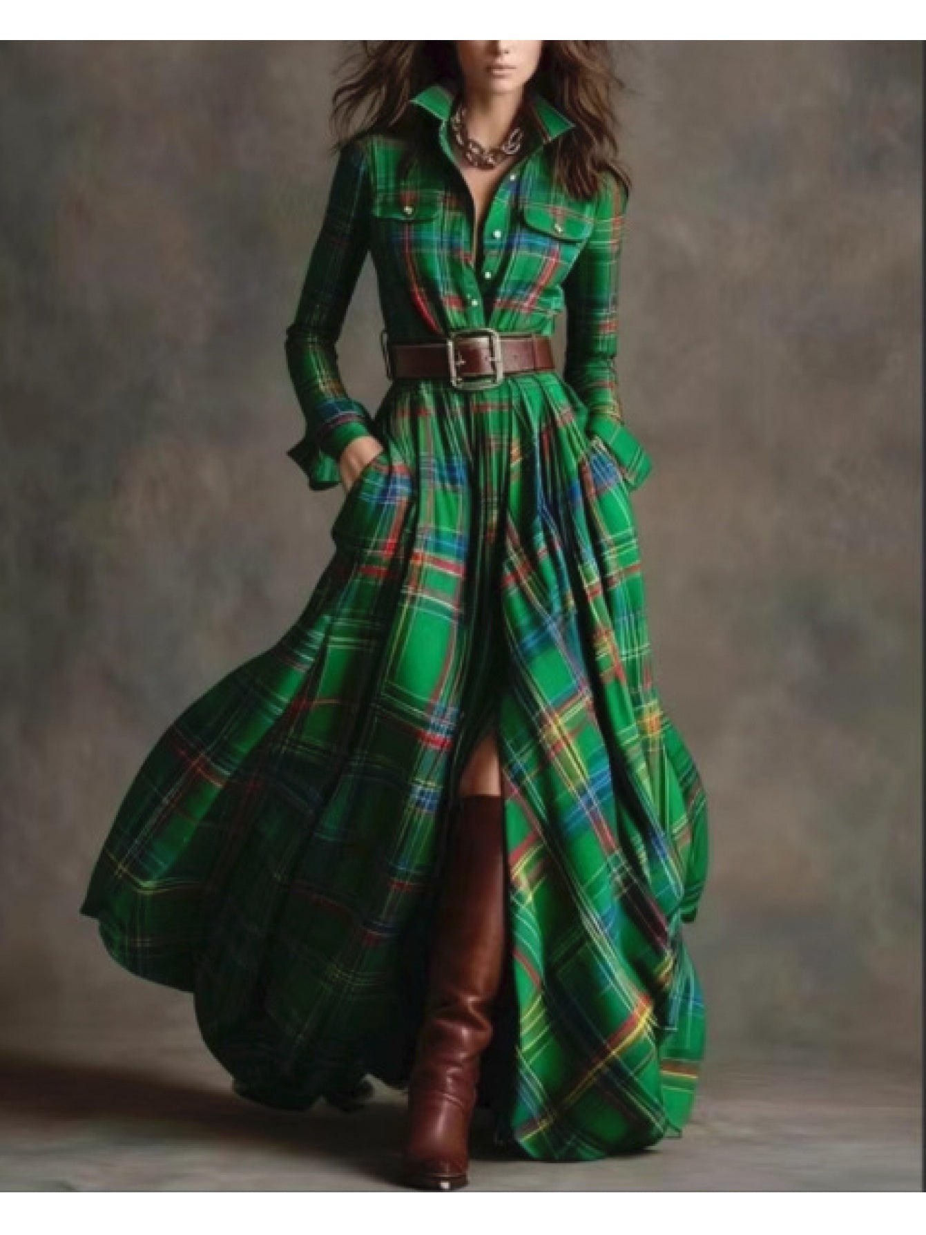 Women'S Autumn-Winter French Retro Elegant Literary Plaid Lapel Maxi Dress | Long Sleeve, Button Details, Vintage Style