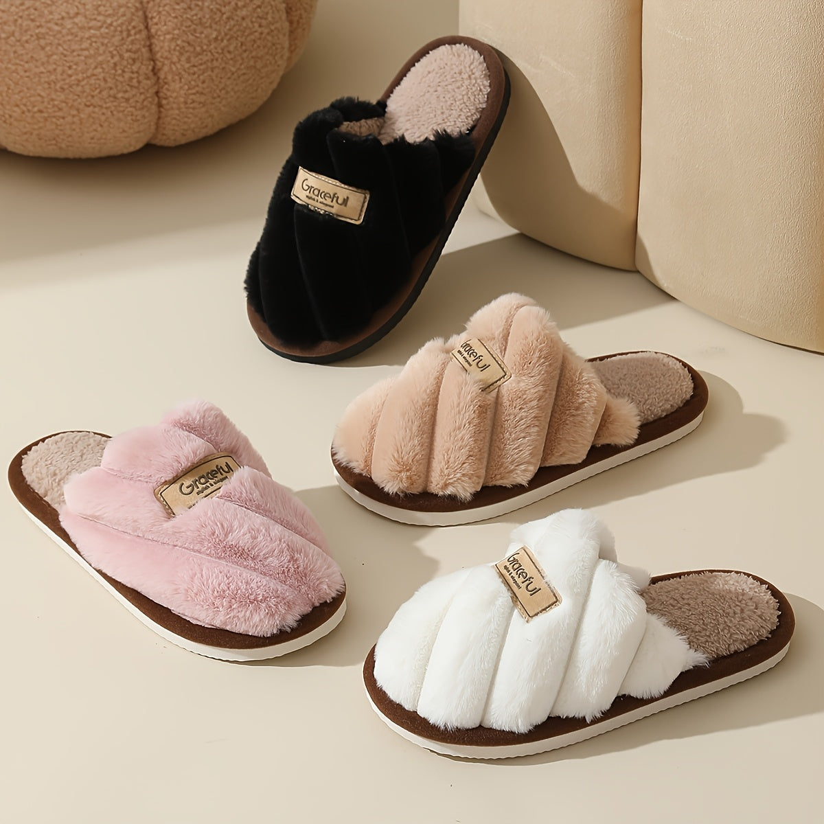 Women's Winter Plush House Slippers - Cozy Indoor/Outdoor Moccasins with Soft & Non-Slip PVC Sole, Beige/Black/Pink/Brown/ - Cushioned Warmth for Home, Hotel, Spa - Easy-Care Fabric Upper (No Maintenance)