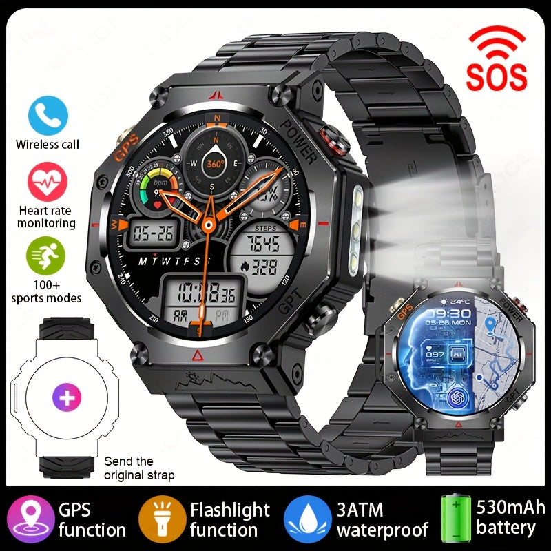 Men's Smartwatch - 1.39inch full touch HD Display, come with long range flashligh & GPS function, 530mAh large battery capacity, Wireless Calls/dial, compass, Music Control, massive sports modes, Zinc Alloy Case, Silicone and