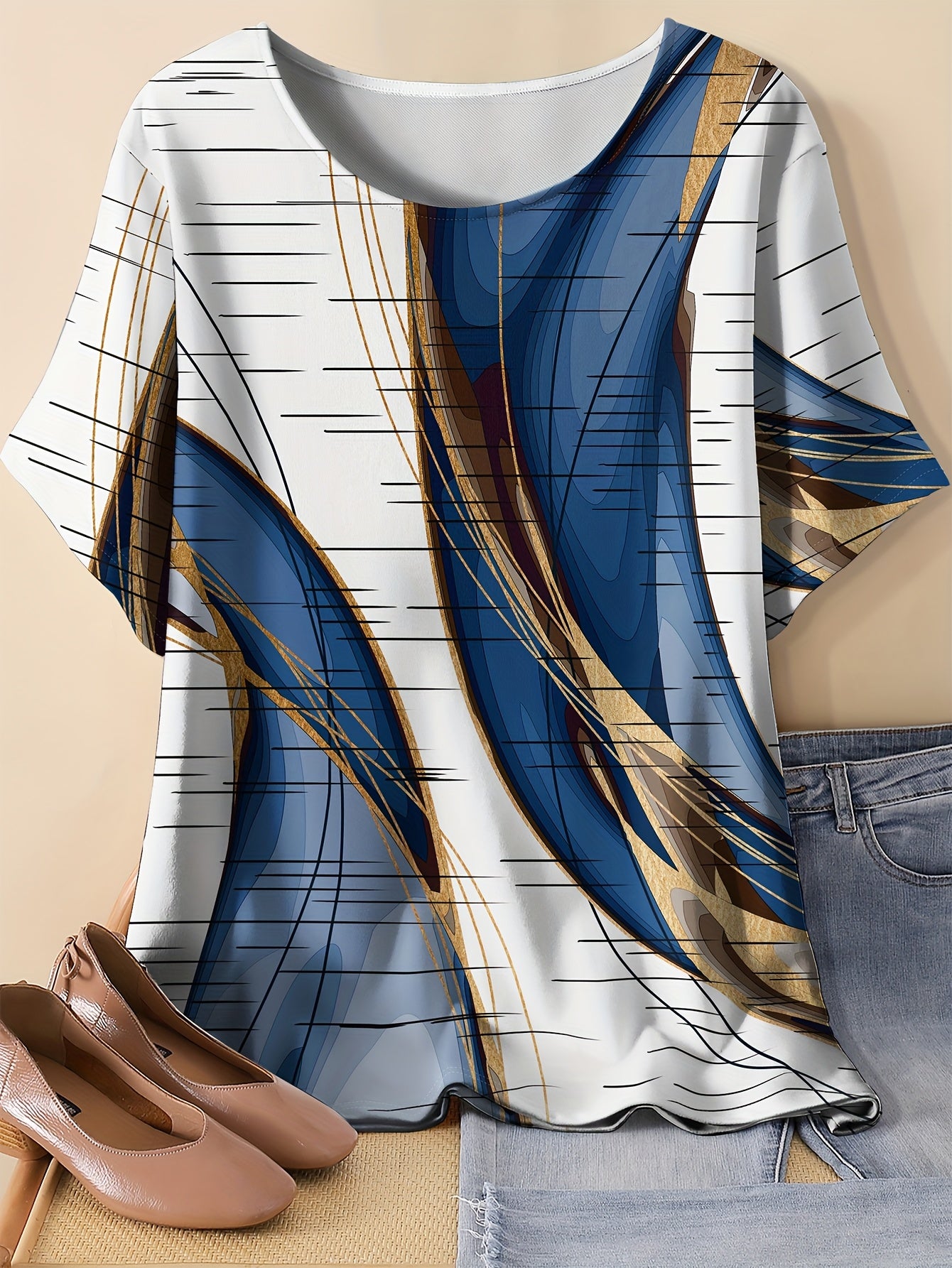 Women'S Casual Vintage-Inspired Geometric & Abstract Print Short Sleeve T-Shirt - Round Neck, Relaxed Fit, All-Season Fashion Top, Everyday Fashion | Trendy Women'S Tee | Comfortable Fit, Ladies T Shirts