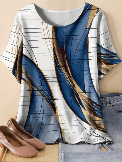 Women'S Casual Vintage-Inspired Geometric & Abstract Print Short Sleeve T-Shirt - Round Neck, Relaxed Fit, All-Season Fashion Top, Everyday Fashion | Trendy Women'S Tee | Comfortable Fit, Ladies T Shirts