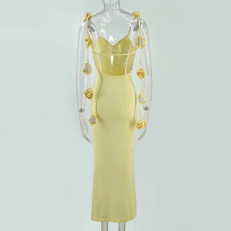 Women's Elegant Backless Evening Gown with 3D Flower Strap - Long Formal Wedding Dress, Prom Dress, Party Dress - Solid Color Round Neck All-Season Hand Washable Dress for Special Occasions