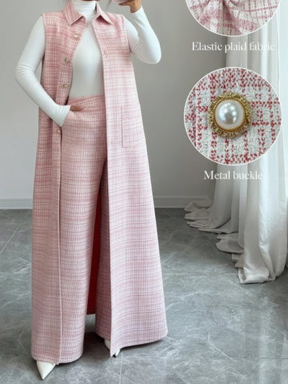 Pale Pink Plaid Fashionable Lapel Long Vest Wide Leg Pants Suit for Women | Elegant Daily Streetwear and Casual Socialasions Design Vibe