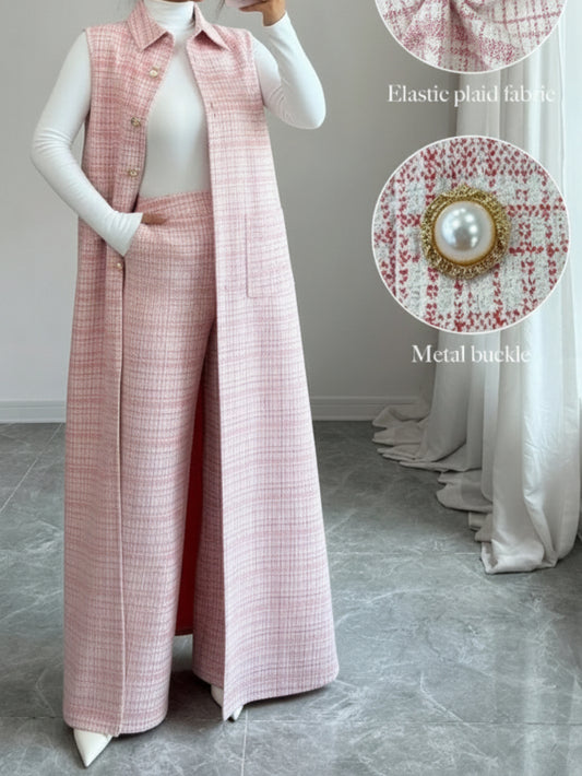 Pale Pink Plaid Fashionable Lapel Long Vest Wide Leg Pants Suit for Women | Elegant Daily Streetwear and Casual Socialasions Design Vibe