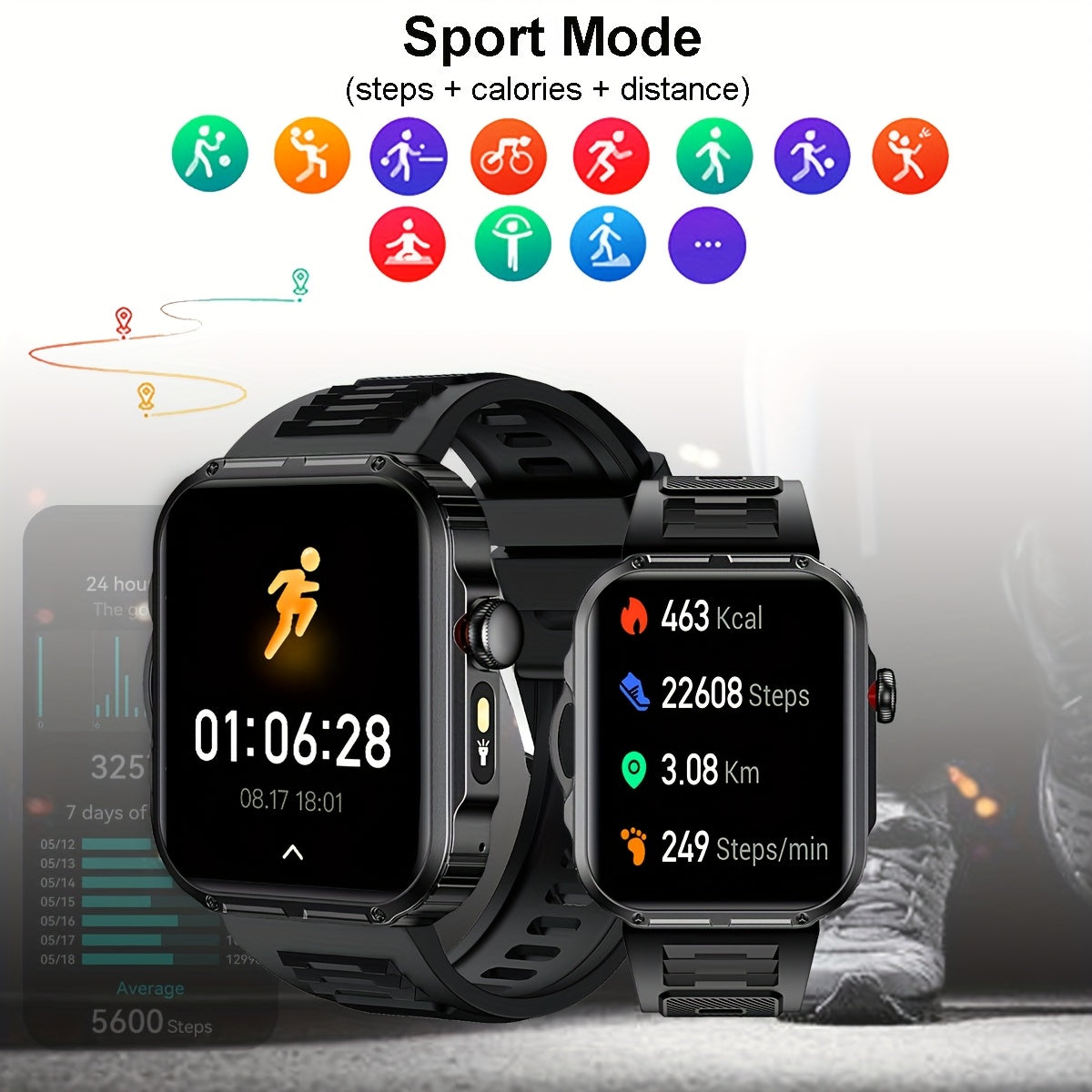 Wireless Calling Smartwatch, 2.02-inch 240P Resolution, Life, Wireless 5.3 Calls, Message Real-Time Alerts, Sedentary, Drinking Water, Alarm Clock Reminder, Accurate Exercise Data Recording, Built-in Flashlight, Multi-mode Co