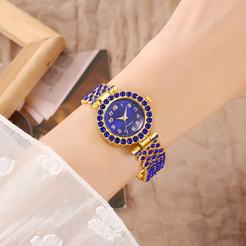 6pcs Set Luxury Women's Watch & Jewelry Set with Sparkling Blue Rhinestone Quartz Watch, Matching Bracelet, Earrings, Necklace & Ring - Elegant Gift Set for Weddings, Parties, Special Occasions (Alloy Case/)