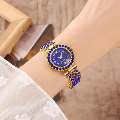 6pcs Set Luxury Women's Watch & Jewelry Set with Sparkling Blue Rhinestone Quartz Watch, Matching Bracelet, Earrings, Necklace & Ring - Elegant Gift Set for Weddings, Parties, Special Occasions (Alloy Case/)